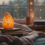 the-soft-glow-of-a-himalayan-salt-lamp-illuminating-a-cozy-bedroom-with-a-stack-of-books-waiting-to-be-read-during-morning-quiet-time-photo
